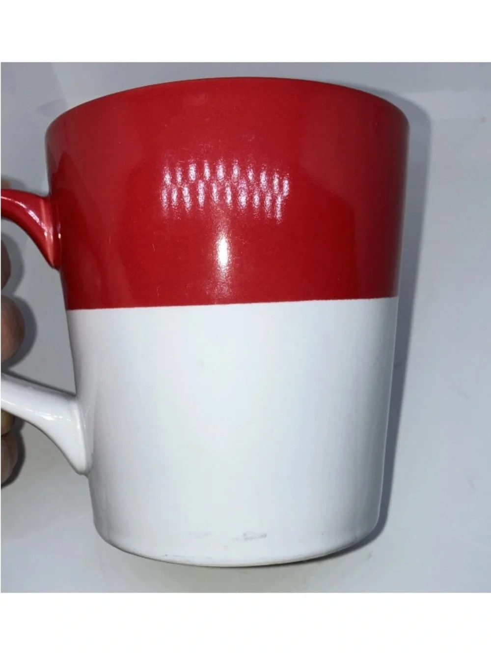 SET OF 2 Crate & Barrel Ceramic Coffee Mugs Red White Dipped Glaze 14oz Holidays
